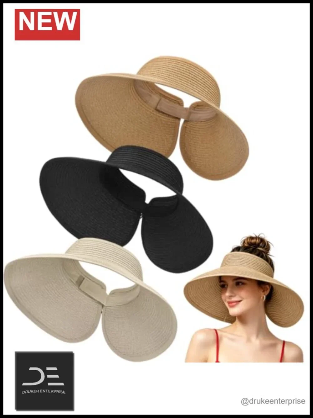 Straw Sun Visor Hat Wide Brim UV Protection Foldable Adjustable Ponytail Summer
